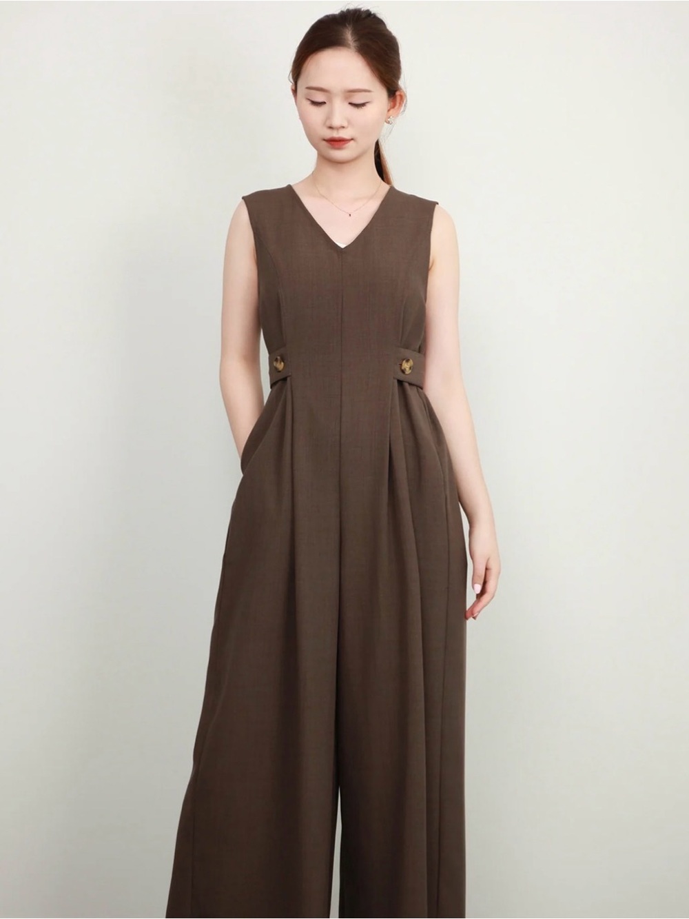 Women's V-Neck Wide-Leg Jumpsuit in Dark Brown